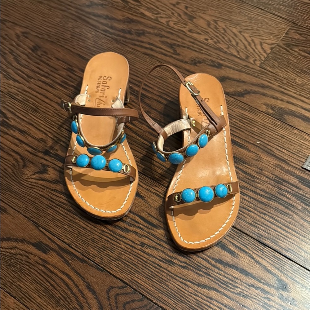 Saltwater Sandals Women's Tan Leather Sandals with Turquoise Accents